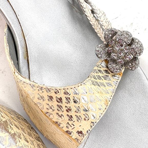 Beverly Feldman Jewel Mule Heels 6 Silver Gem Bridal Wedding White Silver Cream - Picture 3 of 8